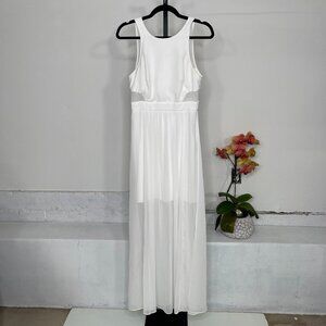 Bisou Bisou White Scoop Neck Illusion Cutout Chiffon Maxi Slit Dress Size 6